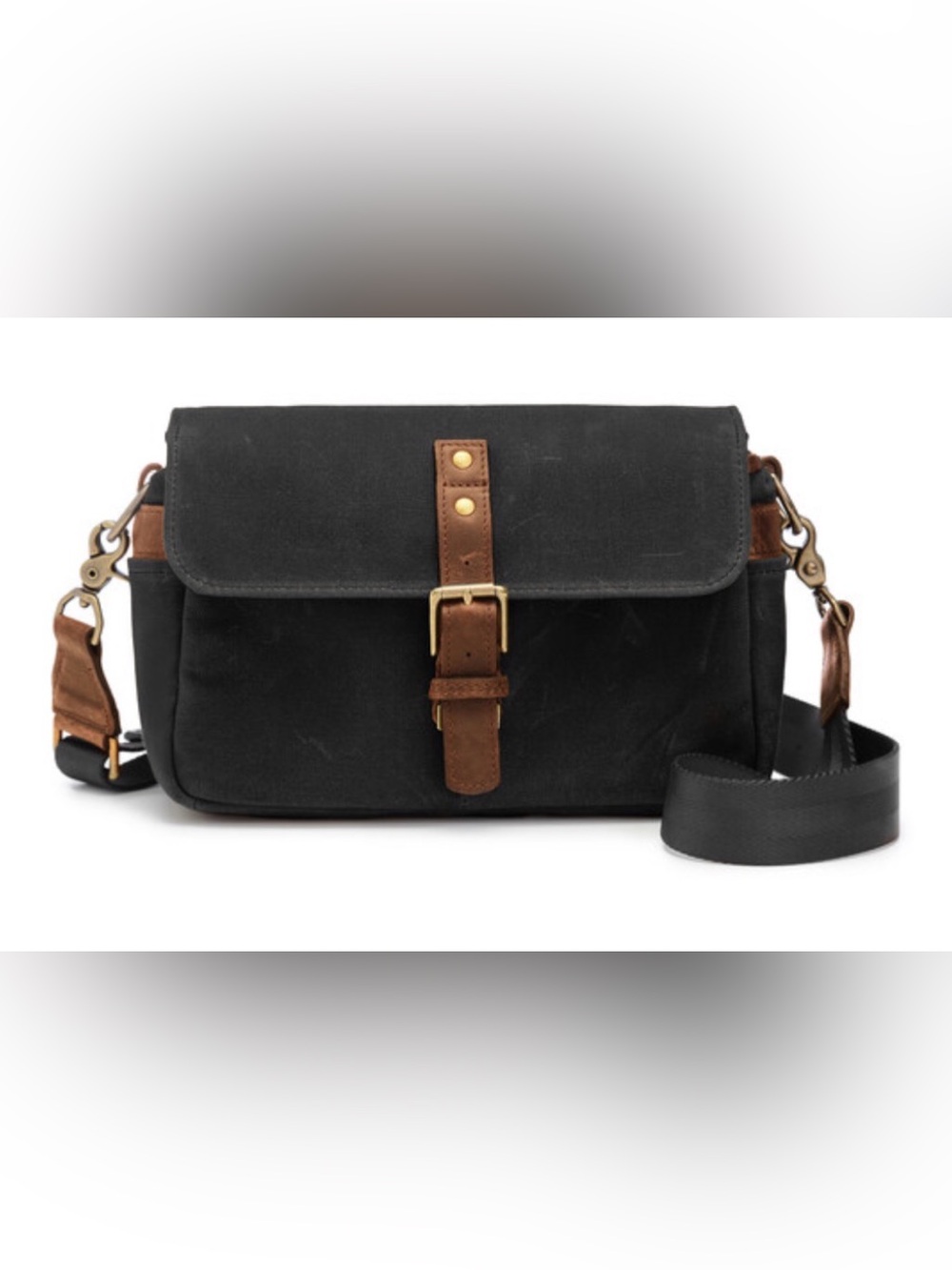 Black Canvas Messenger Bag with Brown Leather Trim — Crossbody
